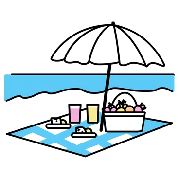 A large striped umbrella is providing shade over a soft, checkered picnic blanket spread out on the sand. On the blanket, there is a basket filled with various fruits including oranges, grapes, and strawberries, alongside two glasses filled with colorful drinks. Small plates are arranged neatly with slices of cheese and crackers. The scene captures a peaceful, sunny beach atmosphere, with gentle waves lapping in the background.