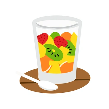A shot glass filled with a colorful mix of chopped fruits. The fruits include bright red strawberries, yellow pineapple chunks, green kiwi slices, and orange mandarin segments. Each type of fruit is arranged neatly and distinctly, creating a vibrant contrast against the clear glass. The shot glass is placed on a wooden surface, and a small spoon rests beside it. The scene is well-lit, enhancing the vivid colors of the fruits.