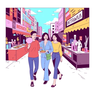 A group of three friends is walking side by side down a bustling city street. The friends are engaged in cheerful conversation and smiles, creating a lively atmosphere. Each friend is holding a different type of street food, such as a vibrant yellow taco, a pink cotton candy, and a red hotdog. Surrounding them are various stalls showcasing local art, including colorful paintings and intricate sculptures. The street is filled with people, vibrant displays, and a mix of colors from the food and art. The sky above is clear, making the scene bright and inviting.