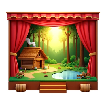 A large illustration board featuring a detailed set design for a theater stage. The stage has ornate curtains in deep red, beautifully draped to the sides. Center stage, there is an intricate backdrop depicting a sunlit forest scene with tall trees and vibrant foliage. On the left side, there is a rustic wooden cabin, complete with a thatched roof and delicate details like smoke curling from the chimney. To the right, there is a small pond with subtle reflections, surrounded by colorful flowers and greenery. The foreground includes wooden stage platforms and props like a vintage wooden cart and barrels, arranged neatly. The overall composition is rich in color and texture, creating an immersive visual representation of a theatrical environment.