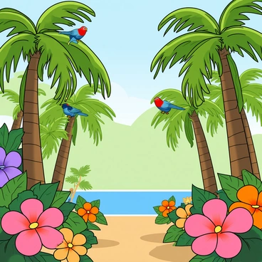 A lush tropical scene filled with tall green palm trees swaying gently in a light breeze. Several vibrant birds with bright feathers, including shades of blue, red, and yellow, are perched on the fronds of the palm trees. The ground is adorned with large, colorful flowers in hues of pink, orange, and purple, creating a lively foreground. Sunlight filters through the leaves, casting playful shadows on the ground. The atmosphere is vibrant with the sounds of nature, bringing the scene to life.