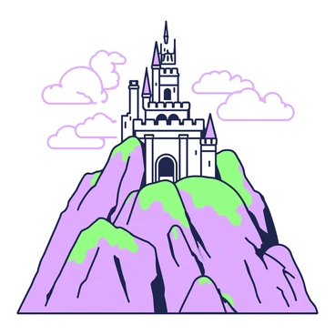 A towering castle stands majestically on the summit of a misty mountain, with its ancient stone walls displaying intricate carvings. The castle features multiple spires that reach towards the sky, and a large arched entrance is visible at its base. Wisps of clouds swirl around the castle, partially obscuring its lower parts and creating an ethereal atmosphere. In the foreground, rugged mountainous terrain leads up to the castle, with patches of greenery peeking through the mist. A sense of height and isolation is conveyed by the steep cliffs surrounding the castle, emphasizing its grandeur.