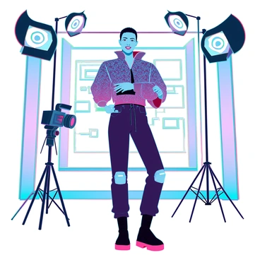 A celebrity with striking features, wearing a designer outfit with intricate patterns, stands confidently in a modern, well-lit studio. The studio is equipped with professional photography lights casting soft shadows to enhance their facial contours. They are surrounded by a sleek camera setup and various props that hint at a fashion theme. The background features a series of abstract elements that complement the overall aesthetic, creating a vibrant yet sophisticated atmosphere. The celebrity is posing with a charming smile, looking directly at the camera as if engaging the audience.