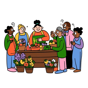 A bustling farmers' market filled with various stalls displaying vibrant fruits and vegetables. A cheerful vendor with a round figure stands behind a wooden table, selling fresh produce. The vendor has light skin and short black hair and is wearing a colorful apron. They are smiling broadly at customers as they pick items from the table. Surrounding the vendor, there are shoppers of different backgrounds, including a light-skinned woman with big eyes and a dark-skinned man with big eyes, all engaging in lively conversations. Brightly colored flowers are arranged in baskets nearby, adding to the lively atmosphere of the market.