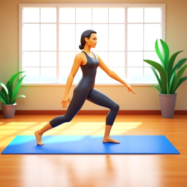 A fitness instructor demonstrating the "clamshell exercise" on a yoga mat. The instructor has a focused expression and is wearing a form-fitting athletic outfit. The studio is brightly lit, showcasing large windows with natural light streaming in. There are green plants in the background, providing a lively element to the scene. The instructor's legs are positioned as if performing the exercise, with one leg raised and bent at the knee. The floor is a polished wooden surface, and fitness equipment is neatly arranged along the walls.