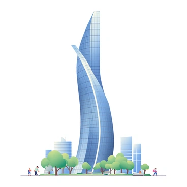 A detailed architectural sketch showcases a futuristic skyscraper with sleek glass facades. The building features a unique, twisting design that rises into the sky, creating a dynamic silhouette. The glass panels reflect the surrounding environment, capturing the blues of the sky and the greens of nearby trees. At the base, the skyscraper is surrounded by a landscaped area with modern sculptures and walking paths. Flanking the structure, there are smaller buildings that complement its design. The foreground includes people walking and interacting, emphasizing the lively atmosphere around the skyscraper.