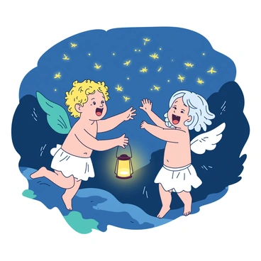 Two cherubs, one with curly golden hair and another with straight silver hair, are playfully chasing a swarm of glowing fireflies in a dusky environment. Each cherub holds a small lantern in their hands, emitting a soft yellow light that contrasts with the deepening blue of the twilight sky. The cherubs are surrounded by lively, fluttering fireflies that illuminate their faces with a warm glow. The scene captures the joyous movement of the cherubs as they laugh, reaching towards the twinkling lights, and their delicate wings shimmer with hints of teal as they dart through the air.
