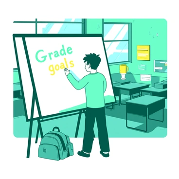 A teal student is standing in front of a white whiteboard, writing "grade goals" with a bright yellow marker. The classroom is filled with colorful posters on the walls, and there are desks arranged neatly in rows. Sunlight streams through the large windows, illuminating the scene. The student has a focused expression, and a backpack is placed on the floor beside them.