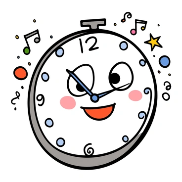 An animated clock with a round, white face and black numbers. The clock has big, expressive eyes that sparkle with joy. It features a wide grin, showcasing its cheerful personality. The clock's hands are pointing to the hour, and small musical notes are floating around it as it rings. There are colorful decorations around the clock, such as bright stars and swirls, emphasizing its lively and friendly demeanor.