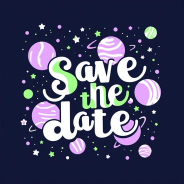 A vast expanse of space filled with numerous planets and stars is depicted. In the foreground, several planets of varying sizes and textures are arranged in a way that they form the words "Save the Date." Among the planets, a large, bright star acts as a centerpoint, radiating light. Surrounding the text formed by the planets are smaller stars scattered across the dark canvas of space, creating a twinkling effect. The composition emphasizes the celestial theme, with planets displaying unique colors and surface details.