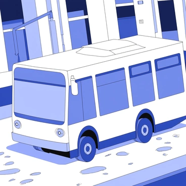 An electric bus is traveling through a city street during rain. The bus features large windows that are slightly fogged due to the moisture. Puddles on the pavement reflect various lights from nearby buildings and street lamps, creating a dynamic interplay of light on the ground. The street is lined with modern architecture, and the rain falls steadily, creating a sense of movement and energy in the scene. Wet tires leave streaks on the shiny road surface as the bus moves forward.