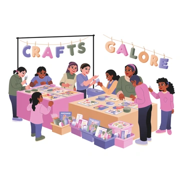 A digital flat illustration of a bustling children's crafts market. The market is filled with tables displaying a variety of "colorful art supplies" including bright paints, markers, and glitter. There are several stacks of "craft kits" featuring vibrant packaging, showcasing projects like friendship bracelets and painting sets. Children of various ethnicities are seen engaging in activities, some are painting, while others are pouring glitter on their crafts. A cheerful vendor with light skin and glasses is assisting a young girl with curly hair, who is excitedly picking out stickers. Banners hanging above the tables display the words "Crafts Galore" in playful, colorful letters.