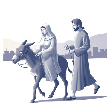 Mary and Joseph traveling on a donkey, with Mary gently resting her hand on the donkey's neck. Joseph walks alongside, holding the reins and looking ahead with determination. The silhouette of Bethlehem is visible in the background, with its rooftops and structures outlined against the horizon. The evening sun casts long shadows, creating a warm glow on the scene, while the sky transitions into a gradient from white to the darkening atmosphere. Mary has a serene expression, reflecting a sense of hope amidst their journey.