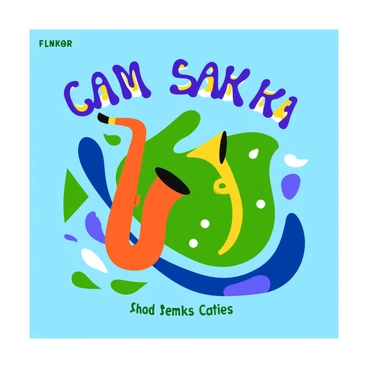 A vibrant album cover featuring abstract shapes and bold colors. The background consists of swirling shades of blue and green, creating a lively atmosphere. In the foreground, a stylized saxophone and trumpet are displayed, intertwined with musical notes that flow around them. The band's name is prominently displayed at the top in a dynamic, playful font. At the bottom, the album title appears in a contrasting color, surrounded by rhythmic patterns that suggest movement and energy.