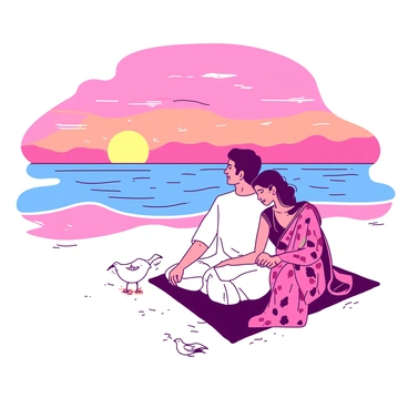 A Maharashtrian couple is sitting on the sand at the beach, facing the horizon where a vibrant sunset is occurring. The sky is filled with hues of orange and pink as the sun descends, casting a warm glow over the scene. The man is wearing a traditional white kurta and dhoti, while the woman is dressed in a colorful nine-yard saree with intricate patterns. They are holding hands, with the woman's head resting gently on the man's shoulder, both looking content and peaceful. Waves are gently lapping at the shore, and a few seagulls can be seen in the distance against the colorful sky.