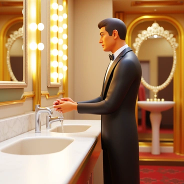 A famous celebrity wearing an elegant tuxedo is washing their hands at a glamorous award show event. The setting features a luxurious restroom adorned with gold accents and marble countertops. The celebrity stands at a sleek sink with a modern faucet, with water cascading over their hands. Bright lights reflect off the polished surfaces, creating a sparkling atmosphere. In the background, a glimpse of the award show decor is visible, with shimmering decorations and an opulent mirror.