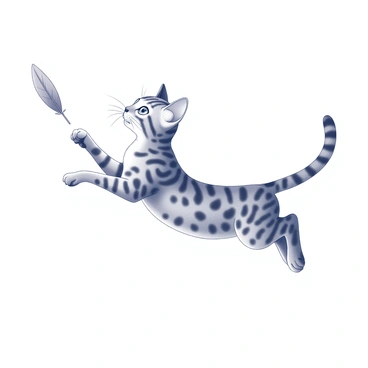 A playful Bengal cat is leaping in the air with a dynamic pose, its body arched and its limbs extended. The cat has distinctive spots and stripes on its fur, showcasing its unique coat pattern. Its eyes are focused on a feather toy that dangles just out of reach, reflecting an intense concentration. The scene captures the moment of anticipation, with the cat’s tail held high and ears perked forward. The feather toy flutters in the air, adding a sense of movement to the image.