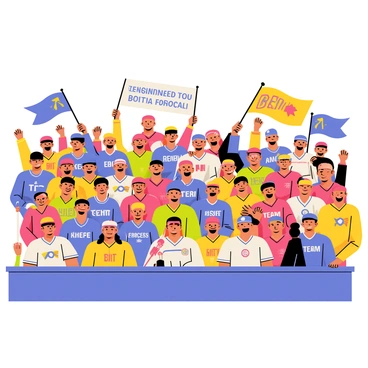 A diverse crowd of fans fills the stands of a stadium. The fans are wearing a variety of team colors, showcasing bright jerseys and hats. Many of them are waving large flags with bold designs, creating a lively atmosphere. Some fans are holding up banners with words of encouragement. The crowd's expressions reflect excitement and enthusiasm as they cheer for their team.