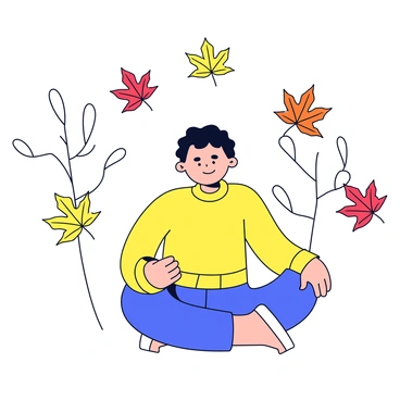 A whimsical scene depicting a figure sitting cross-legged on the ground. The figure is wearing a cozy sweater and has a gentle smile. Around the figure, colorful autumn leaves in shades of red, orange, and yellow are swirling in the air. The leaves are falling gracefully, creating a dynamic sense of movement around the figure. The background features simple, stylized trees with sparse branches, allowing the focus to remain on the figure and the vibrant leaves.
