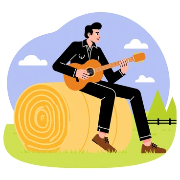 Elvis Presley sitting on a large round hay bale in an open field. He has a pompadour hairstyle and is wearing a classic black leather jacket. In his hands, he holds a brown acoustic guitar, strumming a country song with a focused expression. The background features a clear blue sky and scattered fluffy white clouds. A few green trees and a wooden fence can be seen in the distance, adding to the rural atmosphere. The scene captures a moment of musical enjoyment and connection to country life.