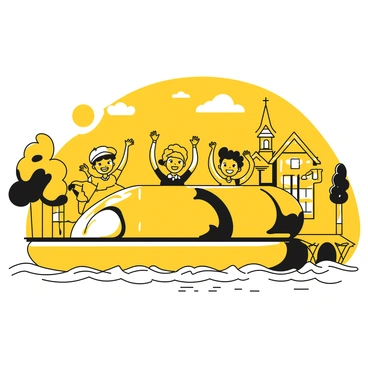 A group of three children, two boys and a girl, are waving excitedly from the deck of a tank barge. The boys are wearing caps and the girl has her hair in pigtails. In the background, a small town is visible with a few houses, trees, and a church steeple. The water is gently rippling around the barge as it moves along the river. The sky above is clear, allowing bright sunlight to shine down on the scene. The children are smiling broadly, enjoying the moment as they pass by the quaint town.