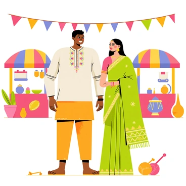 A Maharashtrian couple stands together, both dressed in vibrant festive attire. The man wears a traditional white kurta adorned with colorful embroidery, paired with a bright orange dhoti. The woman is dressed in a stunning green saree with intricate gold patterns, complemented by traditional jewelry including a nose ring and bangles. They are smiling and holding hands, surrounded by colorful stalls displaying cultural crafts and foods. Musical instruments like dhols and flutes are visible nearby, suggesting a lively atmosphere filled with music. Brightly colored banners and decorations hang above, enhancing the festive ambiance of the cultural fair.