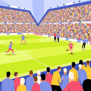 A vibrant exhibition match taking place in a large stadium filled with a lively crowd. The stands are packed with enthusiastic fans waving colorful banners and wearing team jerseys. On the field, two celebrity players are energetically competing, one wearing a red jersey and the other in blue. Cameras are capturing the action, with reporters and media personnel set up along the sidelines. Bright spotlights illuminate the scene, highlighting the excitement of the match and the engagement of the spectators.