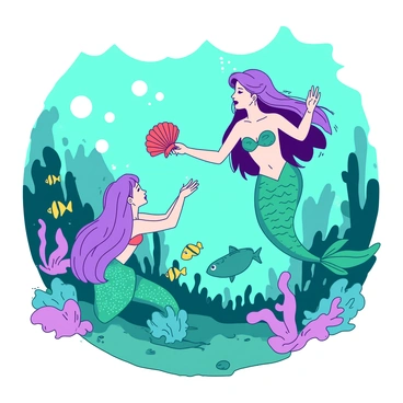 A vibrant underwater world with comic-style mermaids and colorful fish