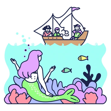 A mystical mermaid is positioned beneath the surface of the ocean, observing a group of pirates aboard a ship above. The mermaid has long flowing hair and shimmering scales that reflect light filtering through the water. She is partially hidden among vibrant coral formations, with colorful fish swimming nearby. The pirates on the ship are engaged in various activities, such as hoisting a sail and checking a map, with the ship's wooden planks visible above the water. Bubbles rise from the mermaid as she watches intently, maintaining a safe distance from the chaotic scene above.
