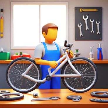 A technician assembling the frame of a new bicycle in a workshop