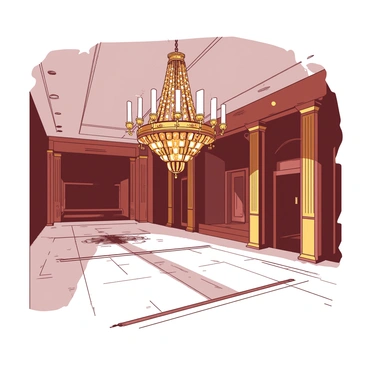 An ornate chandelier with amber glass pieces casting warm light over a grand hall