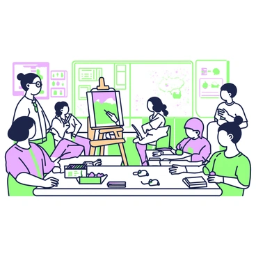 A classroom filled with students actively learning illustration techniques from an instructor at the front. The instructor, a middle-aged person with glasses and a bun, stands beside a wooden easel displaying a large illustration of a landscape. Students of diverse backgrounds sit at individual desks, each focused on sketching in their sketchbooks. One student holds a pencil and is drawing a still life arrangement of fruit placed on the corner table. Another student is watching intently, with a tablet open displaying various digital art tools. The walls of the classroom are decorated with colorful student artwork and charts explaining different techniques. Natural light streams through the window, illuminating the engaged expressions of the students.