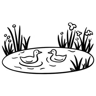 Ducks paddling in a calm pond, creating ripples on the surface of the water. The water is surrounded by tall reeds swaying gently. Wildflowers of various shapes and sizes bloom around the edges of the pond, adding texture to the landscape. The scene captures the essence of nature, with the ducks gliding effortlessly across the water.