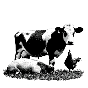 A cow is standing on a grassy area with a calm expression. Next to the cow, a pig is lying on the ground with its legs tucked underneath, appearing relaxed. A chicken is perched nearby, looking curiously towards the viewer. In the background, the sky is bright, and the sun is shining down, creating a cheerful atmosphere. The overall scene captures the essence of a farm with these animals interacting peacefully.