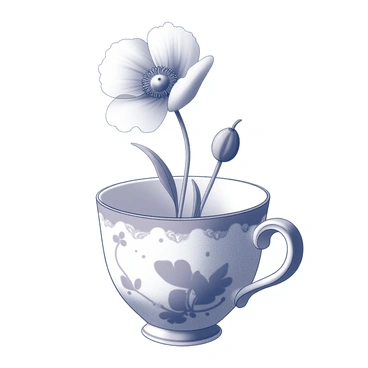 A delicate "poppy flower" with soft, intricately shaped petals is blooming from within a "china teacup." The teacup is adorned with delicate patterns, featuring floral motifs and a small handle. The flower is positioned centrally, with leaves emerging from the rim of the teacup. The background is minimal, drawing focus to the teacup and the vibrant flower emerging from it. The scene conveys a sense of elegance and tranquility.