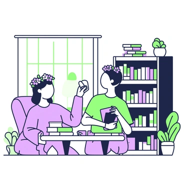 A person is browsing books in a cozy bookstore. They are wearing a flower crown made of "lavender" and "daisies" that sits delicately on their head. The individual is holding a book in one hand while glancing at the shelves filled with various books. The shelves are made of dark wood, and there are small stacks of books placed on the tables throughout the store. Soft light filters in through a large window, illuminating the warm atmosphere of the space. A plush armchair is positioned in one corner, inviting readers to relax. A few potted plants are placed near the window, adding to the inviting ambiance.