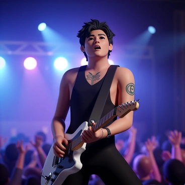 A guitarist, wearing a black tank top, is passionately playing an electric guitar on stage. Their neck is exposed, showcasing intricate tattoos. Bright, vibrant stage lights in shades of blue, purple, and pink illuminate the scene, casting colorful reflections on the guitarist's face. The audience in the background can be seen, some with their hands raised, enjoying the performance. The guitarist's hair is slightly tousled, adding to the dynamic atmosphere of the concert.