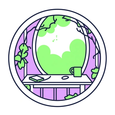 A simple round frame is positioned centrally in the image. Inside the frame, there is a view from a cozy treehouse nestled among green leaves and branches. The interior of the treehouse features wooden walls and a rustic ladder leading to a platform. Sunlight streams through the circular window, casting gentle shadows on a small table with a green mug and a book resting on it. In the background, the view outside showcases a vibrant green canopy and a clear sky, enhancing the sense of being high up in the treetops.