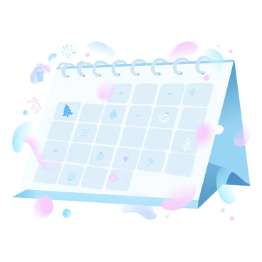 A calendar page is displayed prominently, showcasing distinct boxes for each day of the month. Each box is filled with small illustrations representing various events and holidays. For example, one box features a small illustration of a gift for a birthday, while another has a decorated tree symbolizing a holiday celebration. Various icons such as fireworks, balloons, and seasonal motifs are scattered throughout the calendar page, enhancing its visual appeal. The overall layout is organized and vibrant, bringing the events of the month to life through these illustrations.
