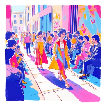 A street fashion show is taking place on an urban sidewalk. Several models with distinct hairstyles are walking down the runway, showcasing their avant-garde outfits. One model is wearing a flowing, asymmetric dress in bold colors, while another sports a structured jacket with geometric patterns. The audience is captivated, some taking photos. The backdrop consists of graffiti-covered walls and vibrant street art. Between the models, a few spectators are styled in trendy casual wear, emphasizing the fashion revolution happening on the streets.