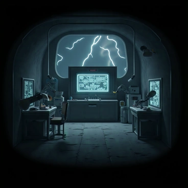 A dark, cavernous lair filled with a variety of high-tech gadgets and equipment. The walls are lined with screens displaying schematics and maps, while robotic arms are positioned around the room, busy assembling devices. Shadows loom in the corners, creating a sense of mystery and intrigue. In the center, there is a large, imposing control panel illuminated by flickering lights. Various tools are scattered across tables, and a large window reveals a stormy night outside, with lightning flashing intermittently.