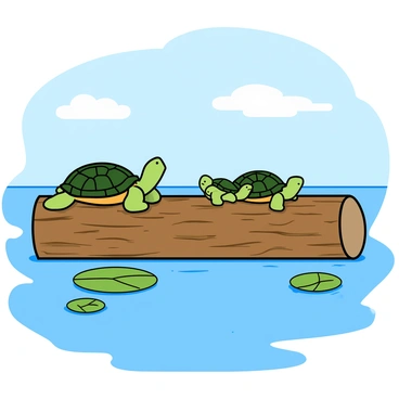 A family of turtles sunbathing on a log in a serene lake