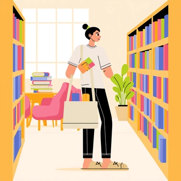 A book lover standing in a quaint library filled with wooden shelves lined with colorful novels. The person has a canvas tote bag brimming with various books, some with bright covers peeking out. Soft light filters through a large window, casting gentle shadows on the wooden floor. In the background, there are cozy reading nooks with plush chairs and a small table stacked with more books. A potted plant sits nearby, adding a touch of green to the warm atmosphere.