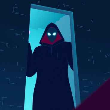 A dark, shadowy figure with indistinct features, lurking in the corners of a dimly lit room. The figure has glowing, ominous eyes that pierce through the darkness. The surrounding area is filled with deep shadows, enhancing the mysterious presence of the figure. The texture of the walls shows signs of wear, while faint light sources create stark contrasts between light and shadow, emphasizing the figure's menacing stance.