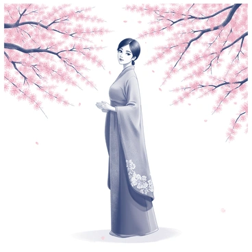 An Asian woman is standing in a park filled with blooming cherry blossom trees. She is wearing a traditional dress that features intricate patterns and designs. The dress has a long skirt that drapes elegantly to the ground. The woman's hair is styled neatly, and she has a serene expression on her face. Surrounding her are branches adorned with vibrant cherry blossoms, creating a beautiful backdrop. Some petals are gently falling to the ground, adding to the atmosphere of the scene.