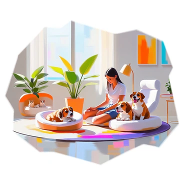 An office interior featuring pet-friendly spaces designed for comfort and relaxation. There are several areas with plush pet beds and cozy blankets. A small dog with a shiny coat is lying peacefully on a cushion near a large window, basking in the sunlight. Nearby, a relaxed cat with soft fur is curled up in a cozy nook, surrounded by houseplants. Employees are seen interacting with their pets, a woman gently petting her beagle as they sit on a colorful rug. The space includes modern furniture and vibrant artwork on the walls, creating a welcoming atmosphere for both employees and their pets.