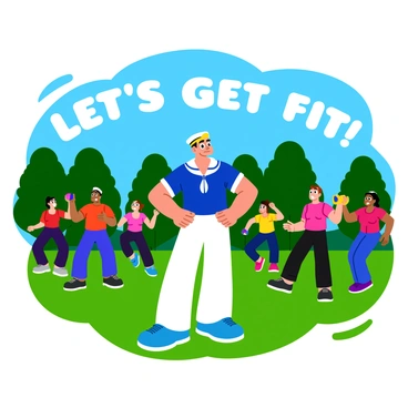 Popeye, the cartoon sailor, is standing at the front of an outdoor fitness class in a vibrant park setting. He is wearing his classic sailor outfit, complete with a navy blue shirt and white pants, and has a determined expression on his face. Surrounding him are a diverse group of participants of various ages and sizes, all engaged in different workout activities. Some are doing jumping jacks, while others are stretching or lifting colorful dumbbells. The park is filled with bright green grass, tall trees in the background, and a clear blue sky, creating an energetic atmosphere. "Let's get fit!" is prominently displayed in bold letters above the scene.
