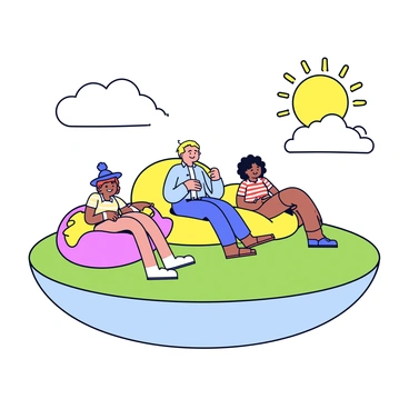 A floating island surrounded by fluffy clouds. The island features lush green grass and has a large, colorful bean bag chair in the center. Several people are lounging on the bean bag chair, looking relaxed and comfortable. They are wearing casual summer clothes and have smiles on their faces as they daydream. The sun is shining brightly overhead, casting soft shadows on the ground and creating a warm atmosphere.