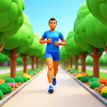 A person wearing a Samsung smartwatch is jogging in a scenic park filled with vibrant greenery. The individual is dressed in athletic attire, including a moisture-wicking shirt and shorts. They have a focused expression on their face, indicating determination. Trees with lush leaves surround the path, and there are colorful flower beds lining the jogging trail. A clear blue sky is visible overhead, enhancing the overall freshness of the environment. The smartwatch is prominently displayed on the wrist, showing various fitness metrics.