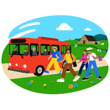 A group of five tourists stepping off a bright red tour bus. Each tourist is dressed in casual summer clothing, with a woman wearing a wide-brimmed straw hat and sunglasses. The bus is parked on a lush green field, surrounded by rolling hills and colorful wildflowers. The tourists are carrying cameras and backpacks, excited to explore the countryside farm ahead. In the background, a rustic wooden barn is visible with animals grazing nearby. A clear blue sky showcases a few fluffy white clouds.